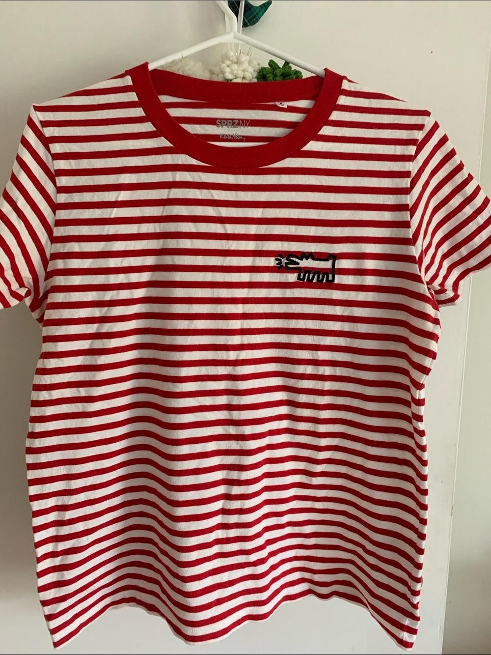 Uniqlo Red and White Striped Short Sleeve Tee with Black Chest Motif